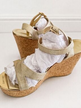 Jimmy Choo Gold Cork Wedge Slingback Sandals Sz 39 Made in Italy